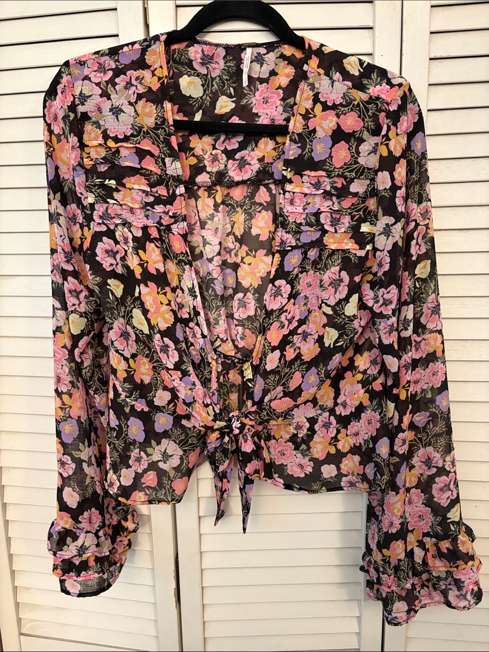 Sheer Floral Tie-Front Blouse - Pink Floral on Black